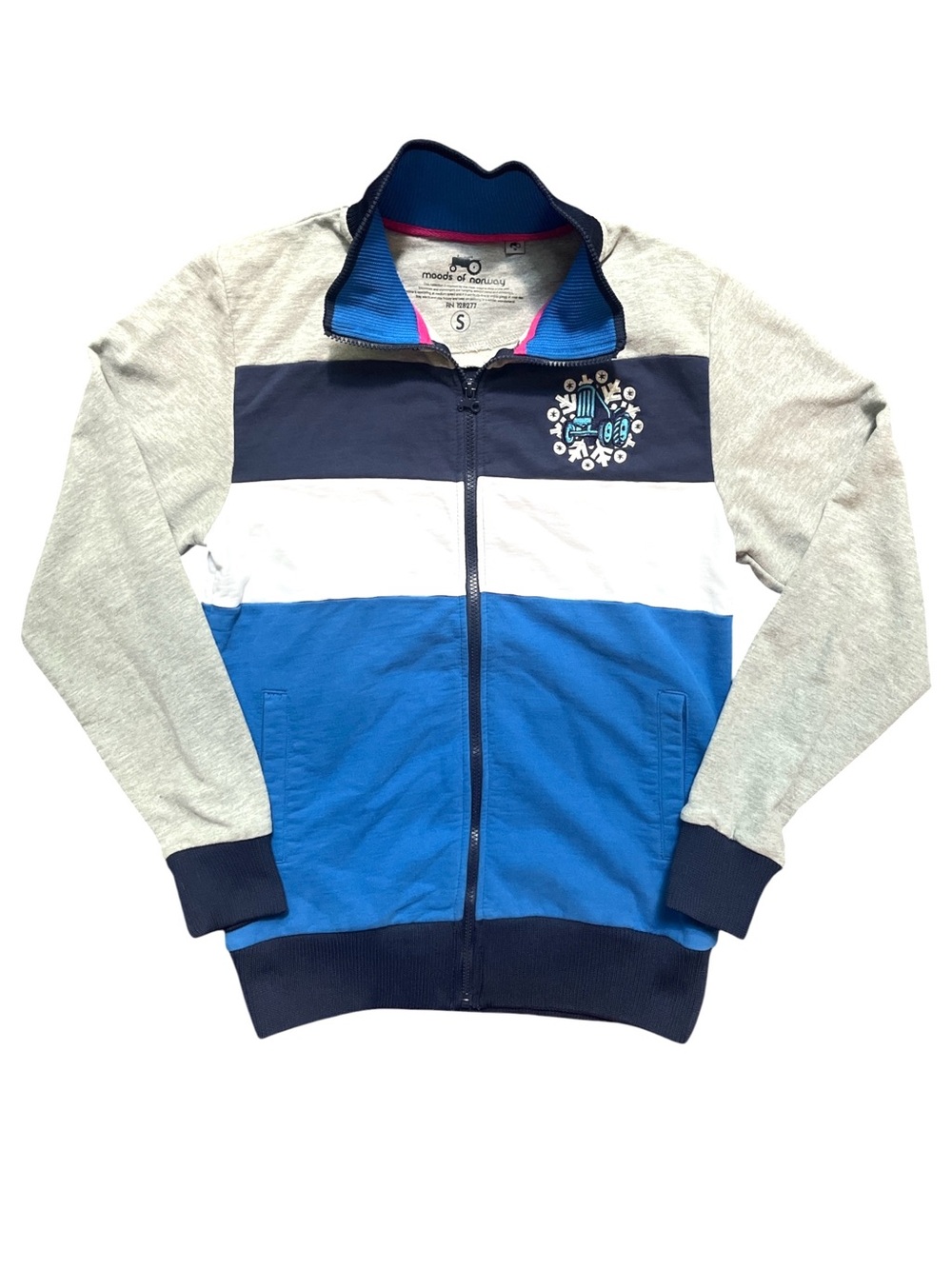 MOODS OF NORWAY Blue & White Tractor Embroidered Full Zip Cotton Jacket Sweater